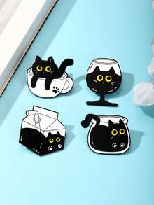 1枚创意黑猫胸针，金属徽章，咖啡猫、茶杯猫、牛奶猫、酒杯猫造型，可作包包和服装装饰，设计精致，适合日常穿搭和派对配饰。 - 彩色 - 查看 3