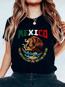 Suave Elegante camiseta gráfica con emblema de México para mujer, camiseta informal de  de manga corta, perfecta para uso diario, camiseta de diseño único, ajuste moderno y cómodo, ropa de calor mujer - Negro - Ver 1