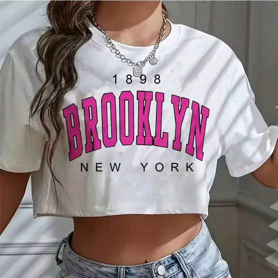 Camiseta Los Ángeles número 91 Brooklyn gráfico cuello redondo deportes Crop camiseta Casual Crop Top mujeres recortadas - blanco403 - Ver 1
