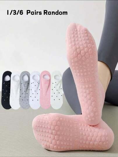 1/3/6 Pairs Women Yoga Non-Slip Grip Socks, Random Colorful Polka Dot Design, Professional Sports Pilates Short Socks