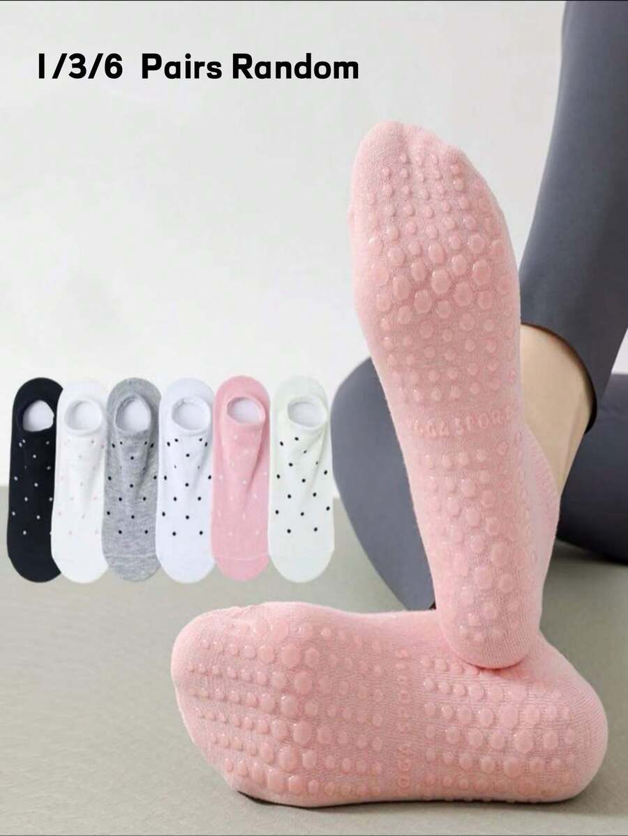 1/3/6 Pairs Women Yoga Non-Slip Grip Socks, Random Colorful Polka Dot Design, Professional Sports Pilates Short Socks - Multicolor - View 1