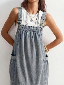 BohoFeels Vestido casual de media longitud de unicolor y tejido holgado para mujeres - Azul - Ver 4