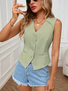Chaleco sin mangas elegante y casual para uso diario en verano para mujeres - Verde - Ver 1
