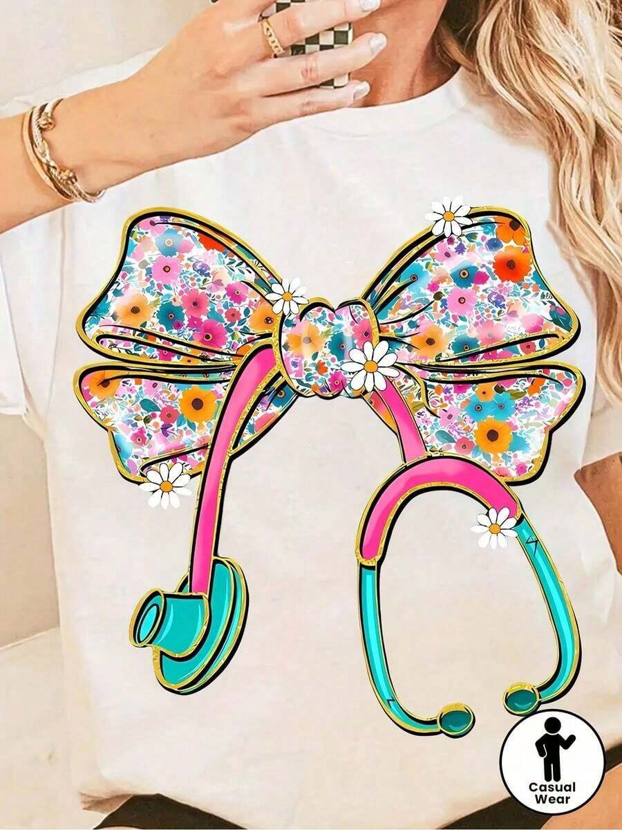 1 pieza: Una elegante camiseta floral con lazo de doctor, adecuada para enfermeras y diseñada como blusa para enfermeras, elegante camiseta floral con lazo de doctor, camiseta casual de talla grande para mujer, 180g 100% algodón. - Blanco - Ver 1