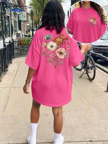 Plus Size T-Shirt With Summer Floral Print - 紫紅色 2 - 查看 4
