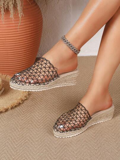 Women's Platform Wedge Sandals, Open Toe Slip-On Lightweight Slippers, Woven Rope Sole, Comfortable Vacation Fashion Slippers For Spring And Summer, Embroidered Woven Sandals