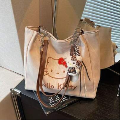 SANRIO 1个米白色可爱小猫刺绣PU手提包，大容量拉链通勤单肩包，可折叠轻便手提包，简约休闲风格，耐磨PU材质，拉链封口设计，防丢安全设计，适合日常上学、工作、办公使用，多功能优雅风格，大容量收纳购物袋，柔软宽肩带减少疲劳