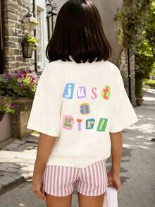 1 Piece Of Graphic Print T-Shirt For Teenage Girls, Soft And Fashionable, Short Sleeve, Casual Style, Minimalist Summer Sweatshirt - Urban Vintage Style, Unisex, Loose Fit, Cotton, Short Sleeve And Round Neck. - 杏色 - 查看 2