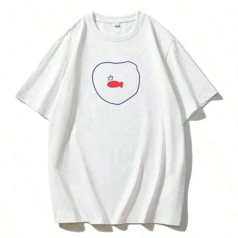 COOL SUMMER Women's Cartoon Fish Print T-Shirt, Soft Cotton, Short Sleeve, Vintage Style, Unisex, Loose Fit, Cotton, Round Neck, Casual Street Style, Blouses For Women, Women's T-Shirts, Casual Blouses For Ladies. - 白色 7 - 查看 1