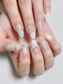 10 piezas de pegatinas de uñas estilo Y2K lindas y geniales hechas a mano, uñas postizas portátiles, calcomanías de uñas removibles, pegatinas de uñas acrílicas, forma de uña ovalada larga, estilo minimalista lindo, estrella de cinco puntas pintada a mano con lazo, perla, ojo de gato, estilo francés, adecuadas para festivales, Año Nuevo, Día de San Valentín, citas, fiestas, vacaciones, uñas postizas hechas a mano - Multicolor - Ver 4