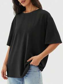 Camisetas Para Mujer Camiseta Holgada Para Mujer De Manga Corta Y Cuello Redondo, Camisa Casual Estilo Y2K, BáSica Para Deportes De Verano - Negro - Ver 3