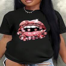 Women's Sexy Black Cotton Round Neck T-Shirt With Diamond Lip Print Graphic, Short Sleeve Regular Fit Top For Casual Elegant Style - 黑色 - 查看 1