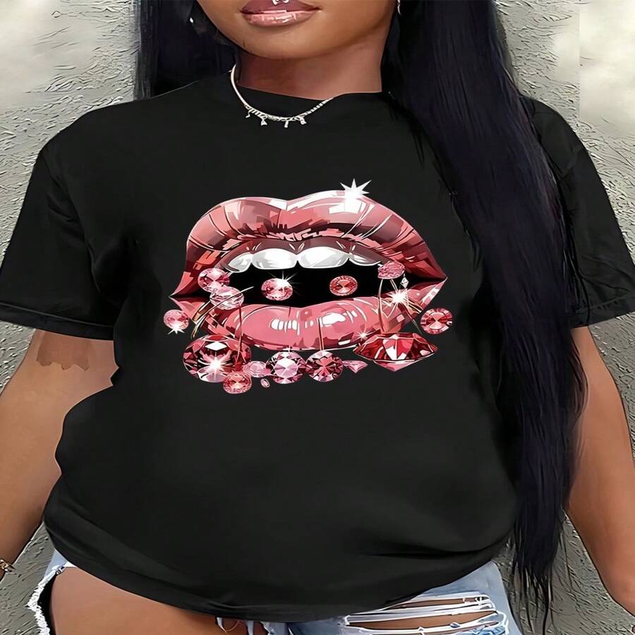 Women's Sexy Black Cotton Round Neck T-Shirt With Diamond Lip Print Graphic, Short Sleeve Regular Fit Top For Casual Elegant Style - 黑色 - 查看 1