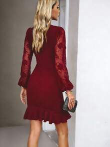 Vestido de encaje nuevo para mujer, de moda, mangas abullonadas, diseño favorecedor, perfecto para looks casuales, citas y ocasiones especiales - Burdeos - Ver 3