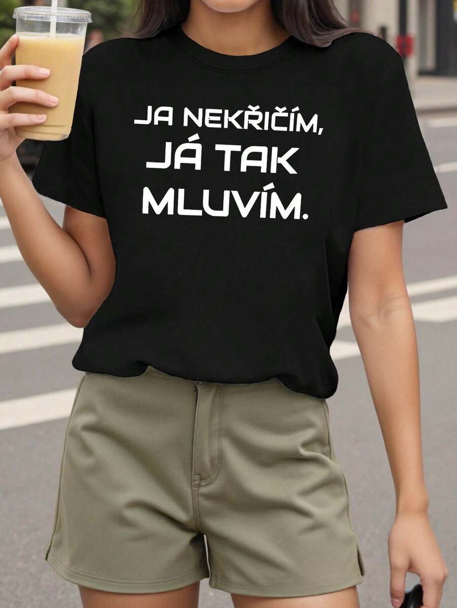 Camiseta para mujer con estampado "Czech I Just Talk Like This", de manga corta y cuello redondo, casual para primavera-verano, ocio diario, regalo de festividades - Negro - Ver 1
