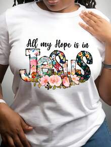 Women's Short-Sleeved Cotton T-Shirt With Letter Print And Round Neck. - 白色 - 查看 1