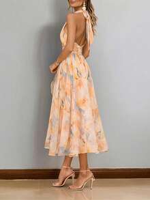 Vestido largo primavera cuello colgado sin mangas estampado estilo europeo elegante para vacaciones - Naranja - Ver 3