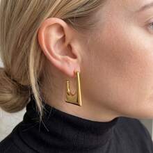 Gold Plated Square Hoop Earrings, Minimalist Geometric Round Hoop Earrings For Women - Gold - View 12