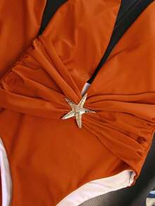 Traje de baño de una pieza con decoración de estrella de mar y falda pareo con abertura alta, diseño elegante para mujeres, adecuado para vacaciones de verano en la playa, color blanco - Naranja Coral - Ver 8