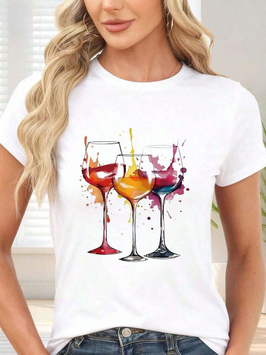 GiftCamiseta de con Estampado de Copas de Vino y Salpicaduras de Colores para Fiesta y OcioSoft - Blanco - Ver 1