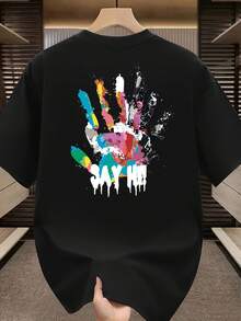 Camiseta Gráfica para Hombre - Estampado en la Espalda con Huella de Mano Colorida y la Frase "¡DIGA HOLA!"Camiseta de poliéster ligera y transpirable para verano, gimnasio, uso diario informal - Camiseta de cuello redondo de corte regular, ropa de gimnasio, tela transpirable, actividades al aire libre, diseño Y2k, textura suave, camiseta de manga corta, guardarropa de verano. - Negro - Ver 10