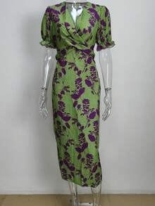 Nuevo vestido femenino de primavera 2026 vestido largo estampado de choque de moda elegante vestido de manga corta - Verde - Ver 5