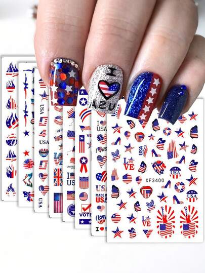 Independence Day Heart And Bow Nail Stickers, Featuring A Cartoon Design With American Flag Elements. These Disposable, Self-Adhesive 3D Nail Art Stickers Are Perfect For 4th Of July Parties And Nail Decoration. They Measure 9 Cm X 6 Cm, Feature Vibrant Designs, Are Easy To Apply, And Are Durable-Party Decorations-Nail Art