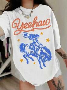 1 pieza de camiseta de mujer con estampado de letras y estilo cowboy, de hombros caídos, manga corta, cuello redondo, tela cómoda para uso diario, ropa de mujer para todas las estaciones, 180g, 100% algodón. - Blanco - Ver 1