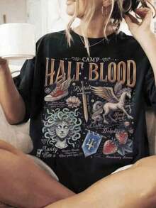 Women's Casual T-Shirt With A Half-Blood Camp Print, Made Of Pure And Breathable Fabric, Suitable For All Seasons. This Short-Sleeved T-Shirt For Women Is An Essential For Fashion Enthusiasts And Makes An Ideal Gift For Halloween And Christmas Costumes. It's Also Suitable For Everyday Wear. This  Casual Blouse Is Perfect For Women, And Is Available In White, Plus-Size, And Other Styles. It's A Great Choice For Women's Blouses, Shirts, And Casual Blouses. The 100% Cotton Is Also Available. - 黑色 - 查看 6