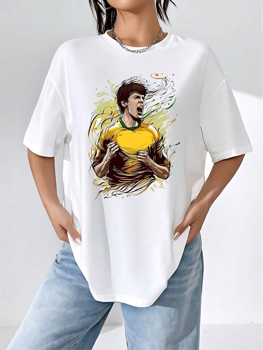 Artistic Image Of A Person Energetically Tearing Their Yellow T-Shirt, Representing Inner Strength And Self-Improvement, Amidst Dynamic Abstract Strokes. Women's T-Shirt, 100% Cotton, Comfortable, Stylish, And Perfect For Everyday Wear. - 白色 - 查看 1