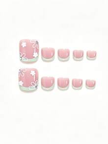 24pcs Elegant Green Square & White Flower Cute False Nails, Suitable For Women And Girls, Comes With 1pc Jelly Gel + 1pc Nail File, Random Delivery - Mint Green - View 3