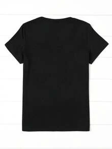 Talla grande, camiseta de verano casual de cuello redondo para mujer de talla grande con estampado de letras, top versátil para el día a día, ropa de mujer de talla grande, camiseta cómoda de algodón. - Negro - Ver 2