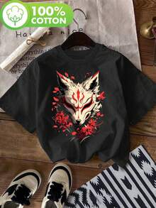T-Shirt With Japanese Red Lily Flower Print, Short Sleeve, Round Neck, Casual Style For Summer And Spring, Women's Clothing, Comfortable Cotton T-Shirt - 黑色 - 查看 1