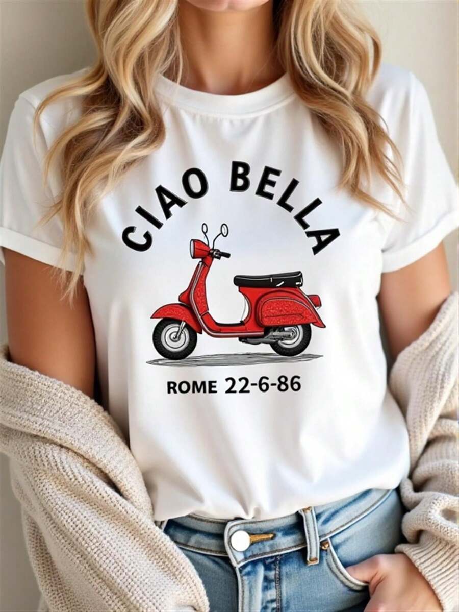 VivaGlam-Womens Italian-Themed Ciao Bella Scooter & Rome Graphic T-Shirt | Short Sleeve Round Neck Loose Fit Casual Summer Blouse - Italian Phrase Top for Casual Attire & Italian Outfits - Blanco - Ver 1