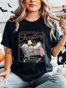 Camiseta Estética de Tienda de Segunda Mano "Preferiría Ir a la Tienda de Segunda Mano" para Mujer y Unisex - Suave, Transpirable, Casual, de Manga Corta y Cuello Redondo con Gráfico de Tienda de Segunda Mano, Regalo Ideal para Compradoras - Tops de Verano - Nuevas Prendas de Verano 2026 para Mujer - Ropa de Vacaciones para Mujer, Transpirable y Cómoda - Negro - Ver 5