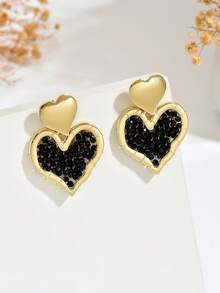 1 Pair Handmade Beaded Heart-Shaped Earrings, Luxury Crafted Asymmetric Black Earrings, Fashionable Creative 3D Heart Earrings Suitable For Women's Daily, Vacation, And Party Wear (Handmade Beads Color, Quantity And Position Are Random) - Black - View 3