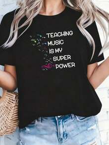ropa de mujer Camiseta Casual de Manga Corta con Cuello Redondo y Estampado de Texto con Temática de Profesora de Música para Mujer, Primavera Verano, para Salidas Diarias, camisas de mujer - Negro - Ver 1