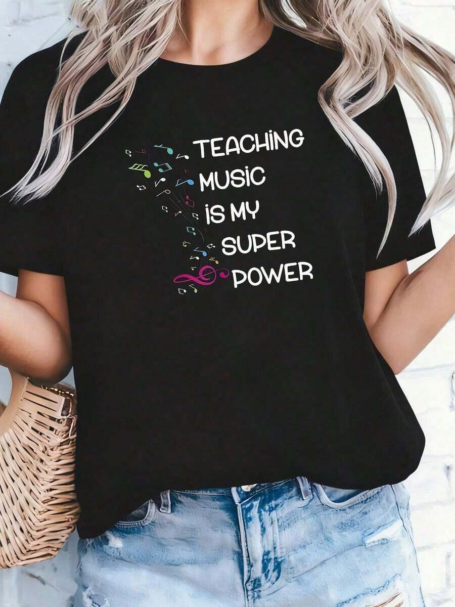 ropa de mujer Camiseta Casual de Manga Corta con Cuello Redondo y Estampado de Texto con Temática de Profesora de Música para Mujer, Primavera Verano, para Salidas Diarias, camisas de mujer - Negro - Ver 1