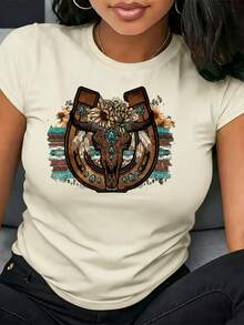 Women's Cotton T-Shirt With Creative Letter Print, Perfect For Spring And Summer Casual Wear, Holiday Parties, Versatile And Stylish With Horseshoe And Cow Skull Designs. - 杏色 - 查看 12