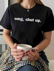Camiseta con estampado de letras "omg ", manga corta, cuello redondo, top casual para verano y primavera, ropa de mujer Y2k, camiseta, camisa. - Negro - Ver 1
