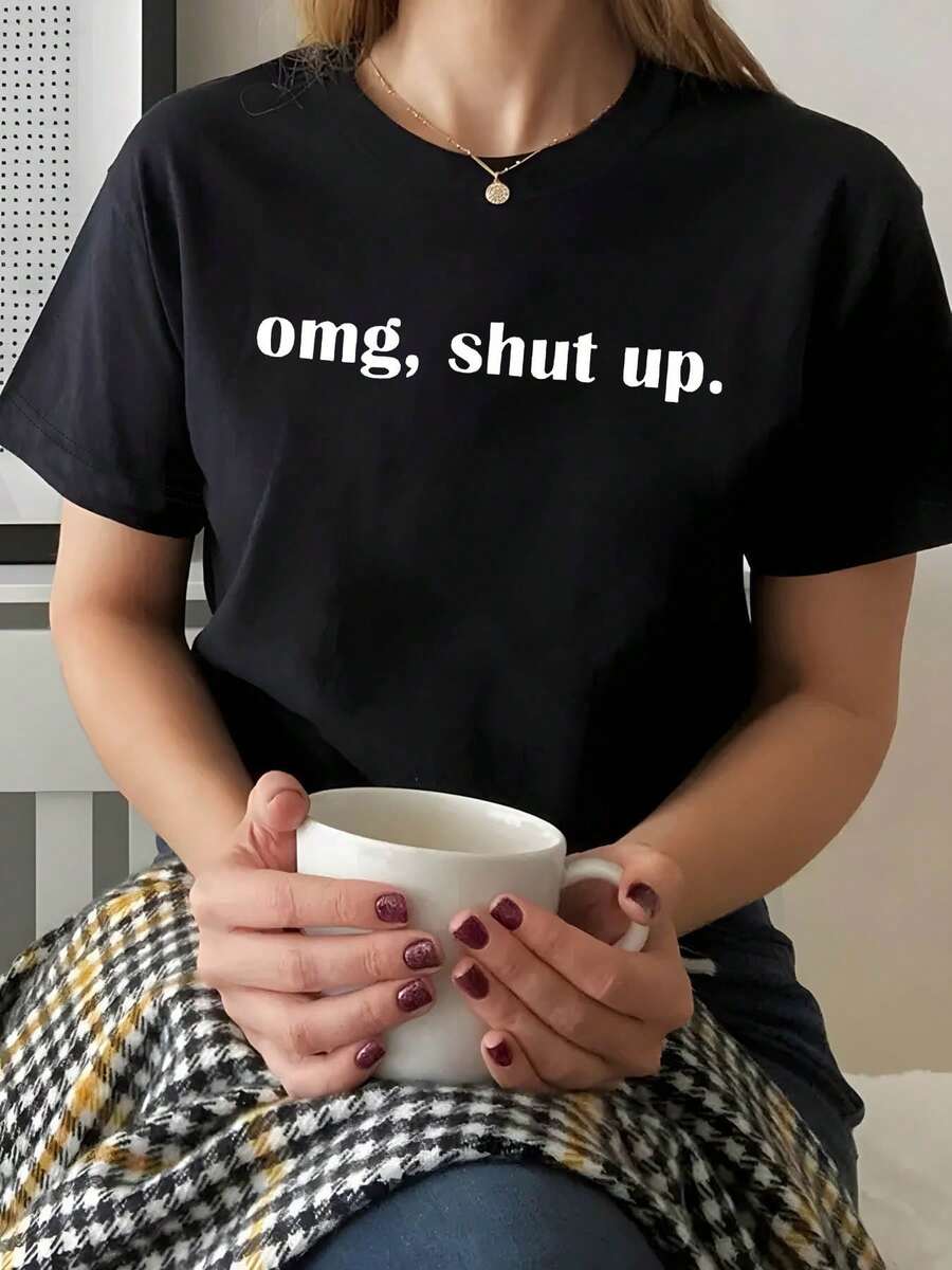 Camiseta con estampado de letras "omg ", manga corta, cuello redondo, top casual para verano y primavera, ropa de mujer Y2k, camiseta, camisa. - Negro - Ver 1