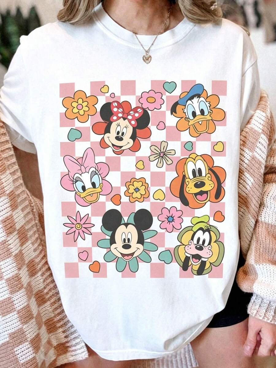 Vintage Floral Disney Mickey Mouse & Friends Checkered Shirt, EPCOT Flower Garden Festival 2026 Tee, Disney Girls Trip Family Vacation Shirt - White - View 1