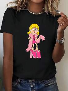 Plus Size, Women's T-Shirt With Cartoon Print Of A Blonde Girl, With Pink High Heels And A Teddy Cape, Letter Print, Plus Size, Round Neck. - 黑色 - 查看 6