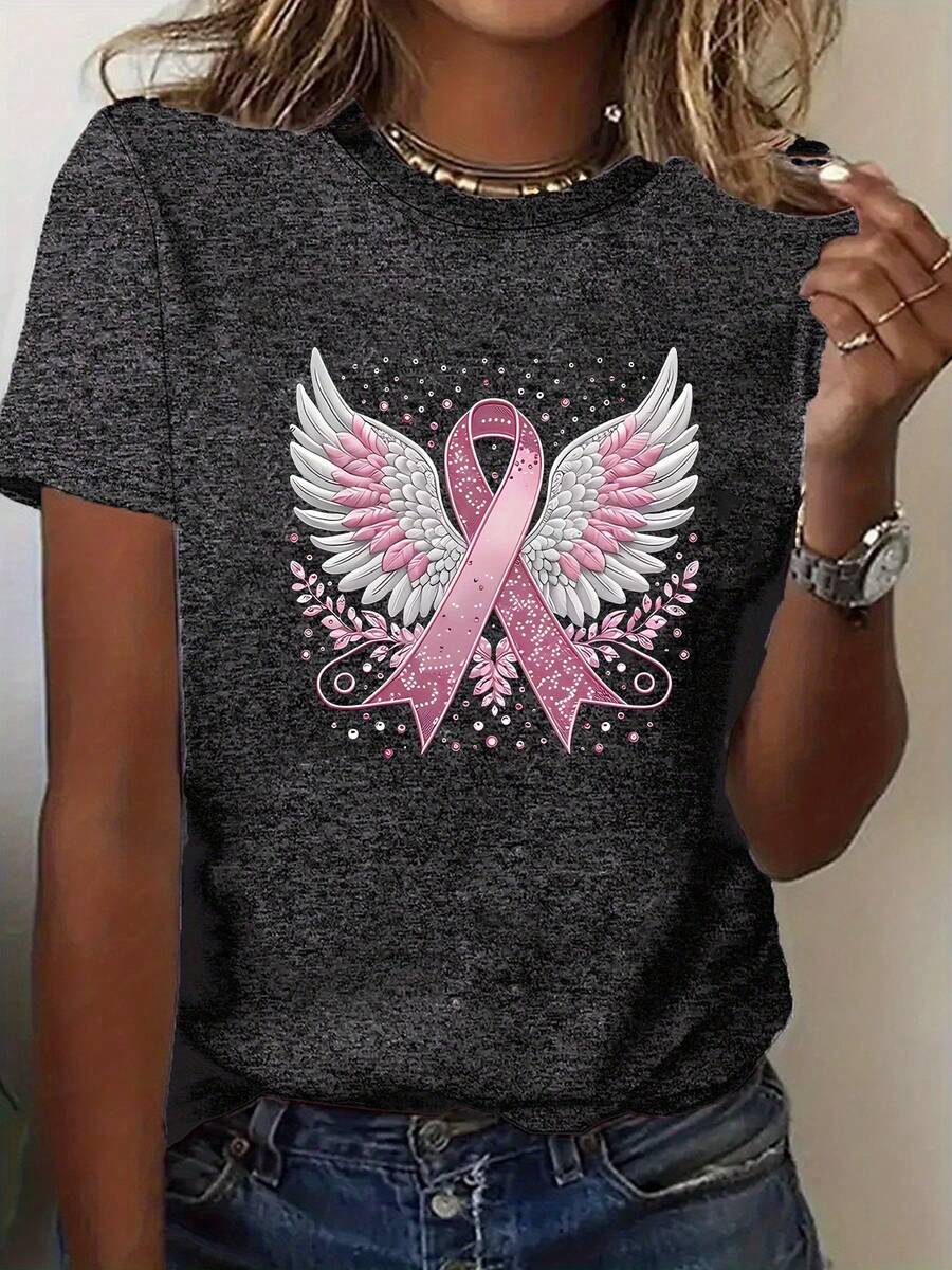 Talla Grande - Camiseta de Cuello Redondo para Mujer con Estampado de Cinta Rosa y Alas - Gris Oscuro - Ver 1