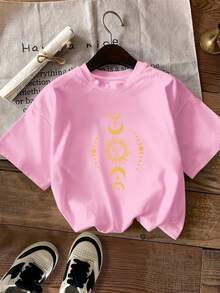Spring And Summer Fashion Pattern Printed Short Sleeves, Casual Short Sleeve T-Shirts, Women's Fashion Round Waist T-Shirts In Standard Sizes, Women's Clothing In Standard Sizes, Women's Clothing - 深粉紅色 - 查看 6