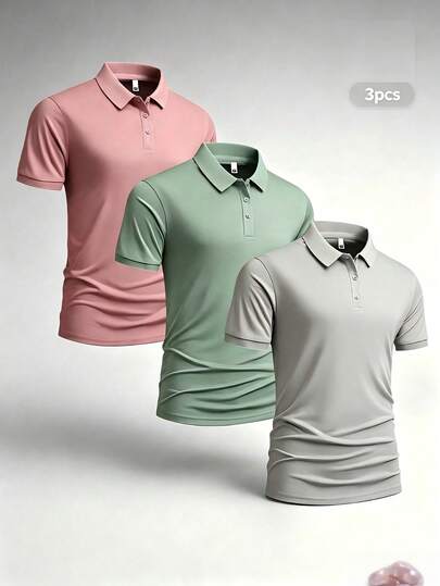Bộ 3 áo polo nam mùa hè nhanh khô, chất liệu mềm mại, mịn màng, dáng ôm, tay ngắn, màu trơn, có cổ, phù hợp cho công sở, thường ngày, tiệc tùng, tụ họp và thể thao.