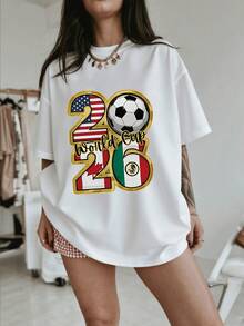 Symbols Of The Union Between Mexico, The United States, And Canada With A Ball Celebrating The 2026 World Cup. Women's T-Shirt, 100% Cotton, Comfortable And Perfect For Soccer Fans. - 白色 - 查看 12