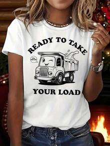 Camiseta Vintage de Camión Volquete para Mujer - Bonito Estampado de Camión, Manga Corta, Casual para Mamá, Papá y Fiestas (Lavable a Máquina) - Vestido Temático Cómodo y Casual para Todas las Temporadas, Navidad, Pascua, Halloween, Acción de Gracias, etc. - Blanco - Ver 8