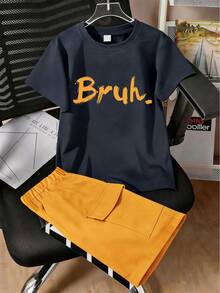 Setelan Kaos Leher Bulat Abu-abu Gelap dan Celana Kargo Kuning untuk Anak Laki-laki dengan Motif Cetak - Dark Grey - View 1