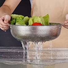1 Set Thick Stainless Steel Colanders With Mixing Bowl, Rice Washing Bowl, Double-Ear Vegetable Washing Basin,Multi-Size Perforated Strainer Baskets With Handles, Multipurpose Rice, Fruit & Vegetable Washing Bowl For Kitchen - S+M+L - View 10